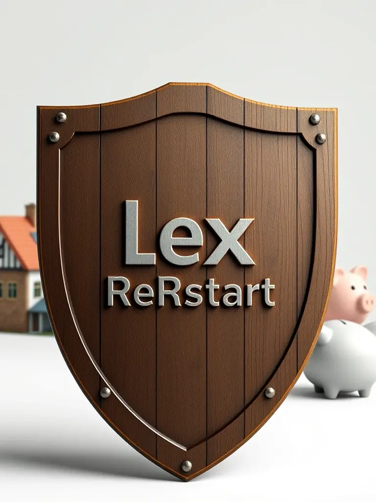 A shield with the LexRestart logo superimposed over a stylized image of assets (house, car, savings), representing asset protection.