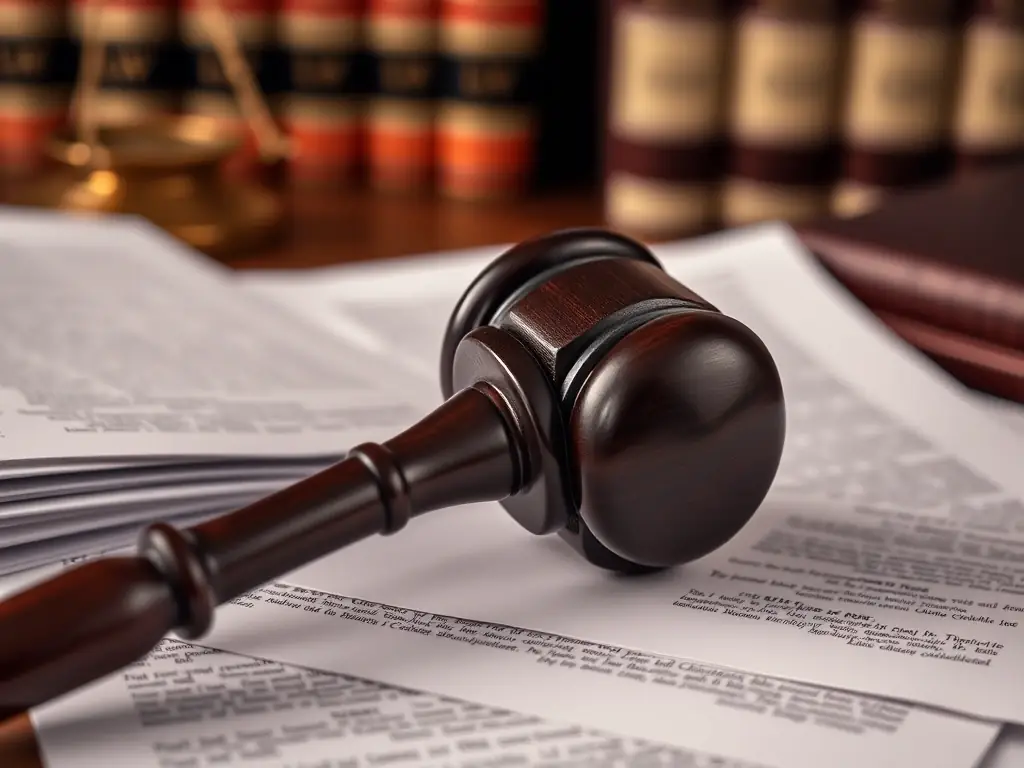A gavel resting on a stack of legal documents, symbolizing legal representation and action.