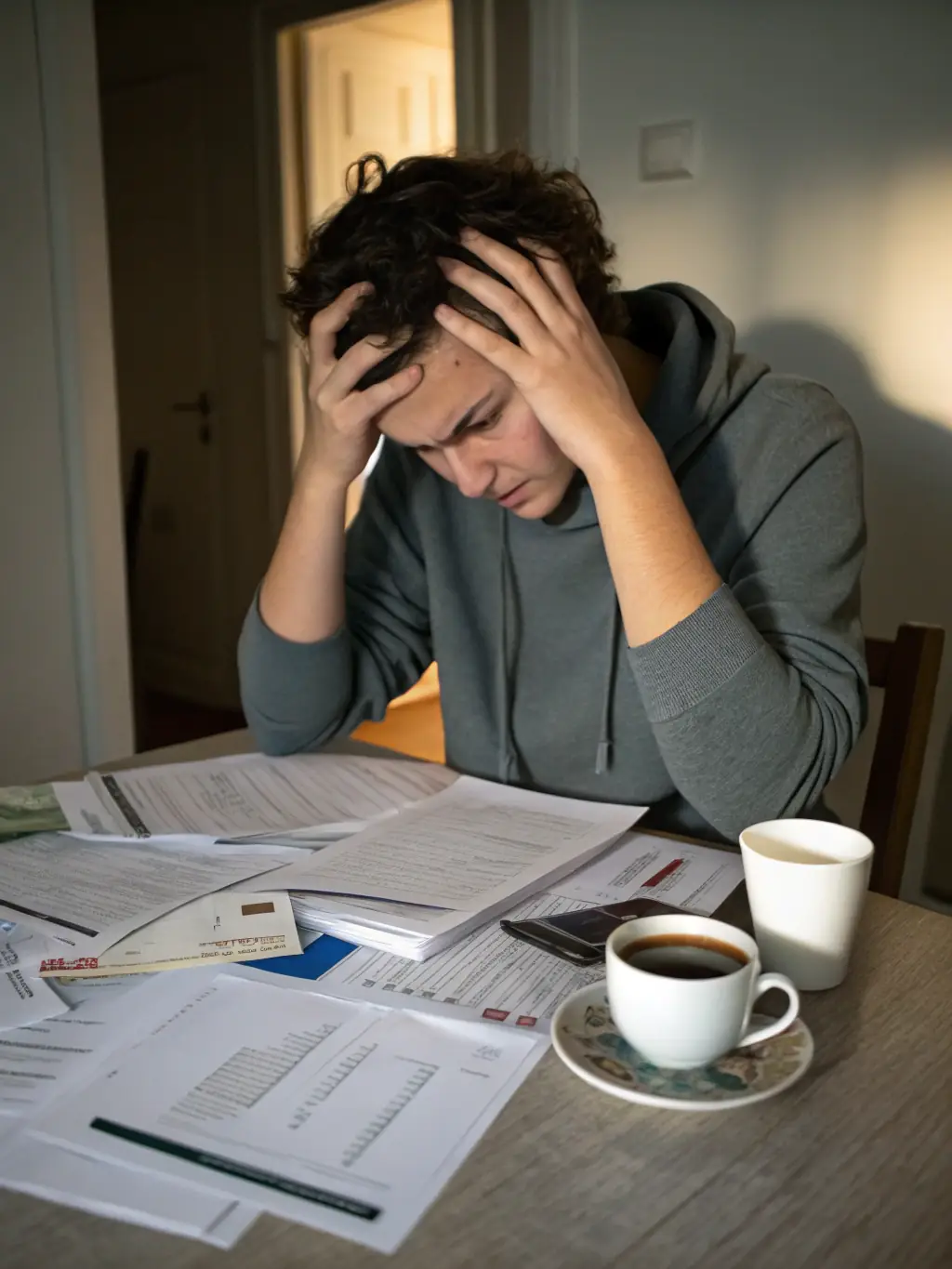 A concerned individual holding a stack of foreign currency bills (CHF, EUR, USD) while looking stressed, symbolizing the burden of currency-based loans. The image is for the LexRestart website, in the Currency Loans section.