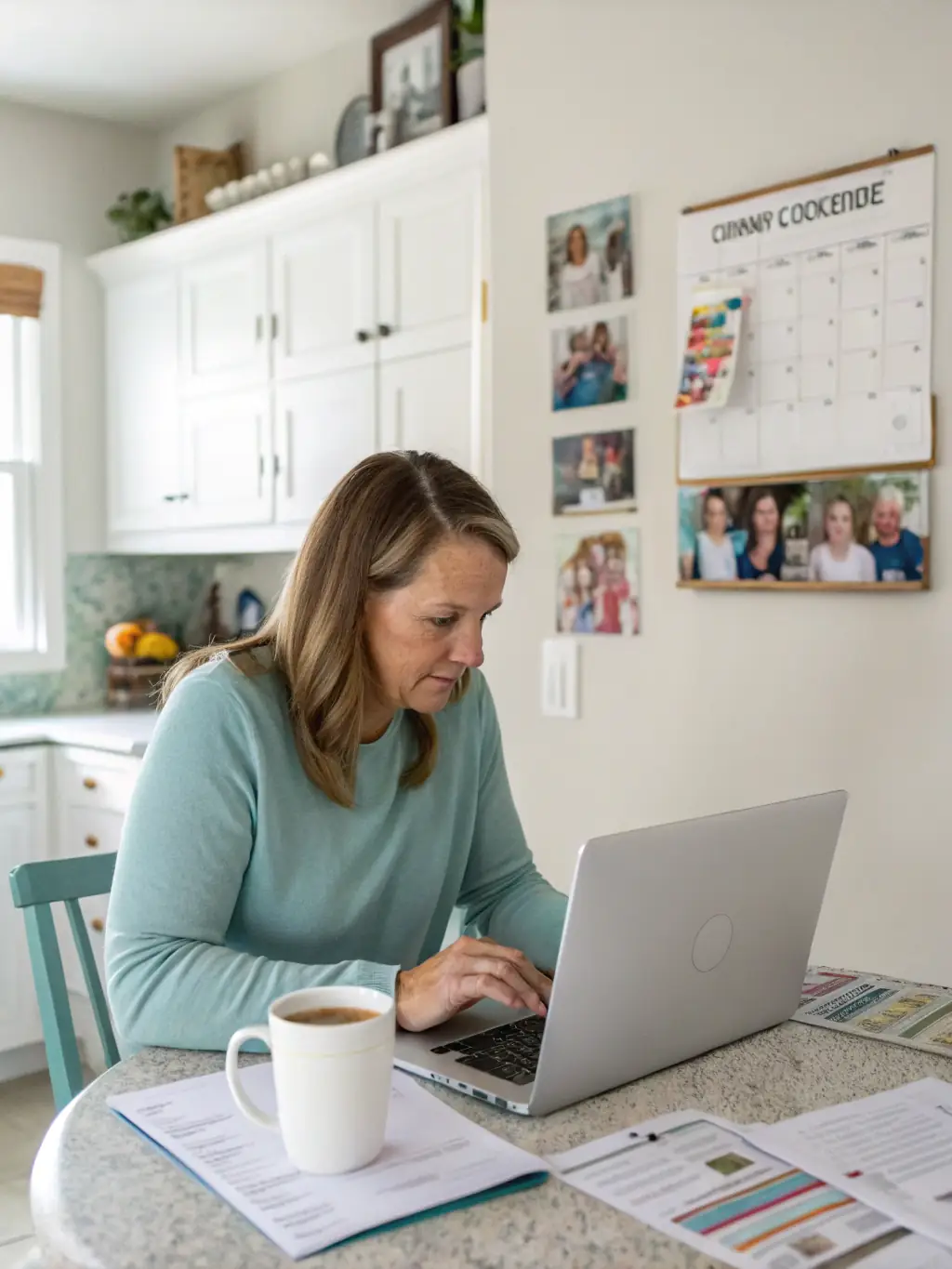 A person looking stressed while reviewing financial documents at their kitchen table, representing the burden of individual debt.
