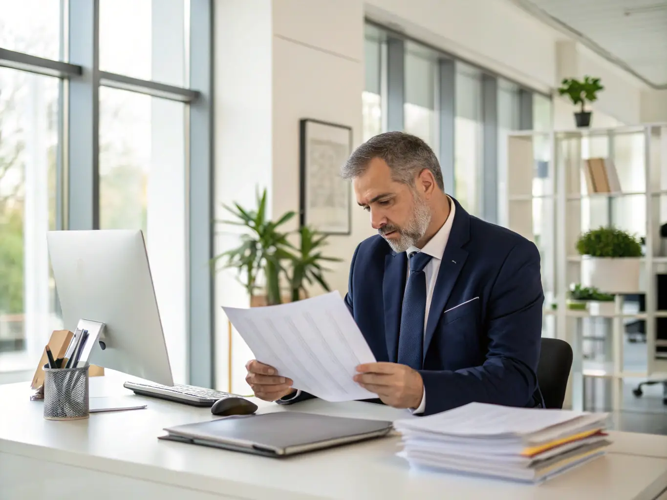 A professional lawyer in a suit, sitting at a desk in a modern office, reviewing financial documents related to a company's restructuring plan. The scene is well-lit and conveys a sense of expertise and attention to detail.