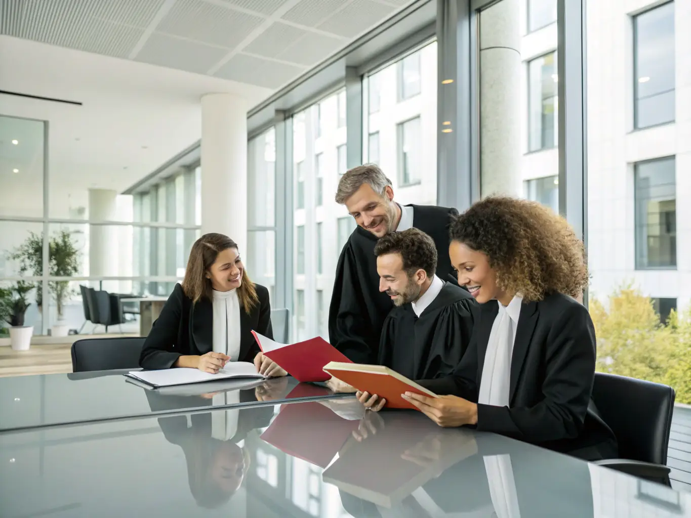 A professional setting with lawyers in suits discussing legal documents related to corporate debt restructuring, emphasizing expertise and reliability.