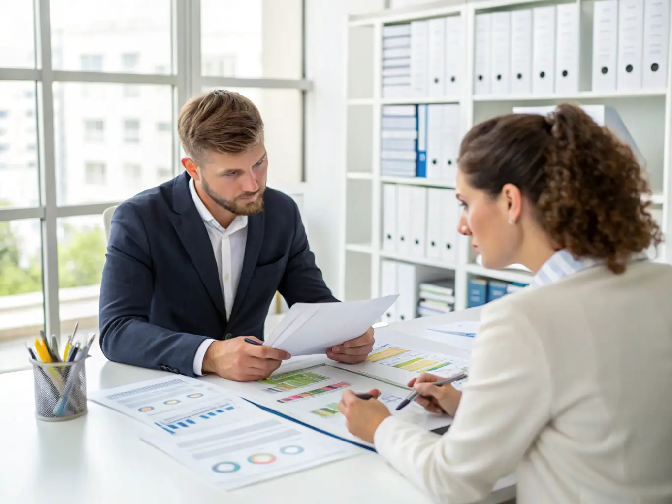 A consultant sitting at a desk, reviewing financial documents with a client in a modern office setting, symbolizing the initial consultation phase.