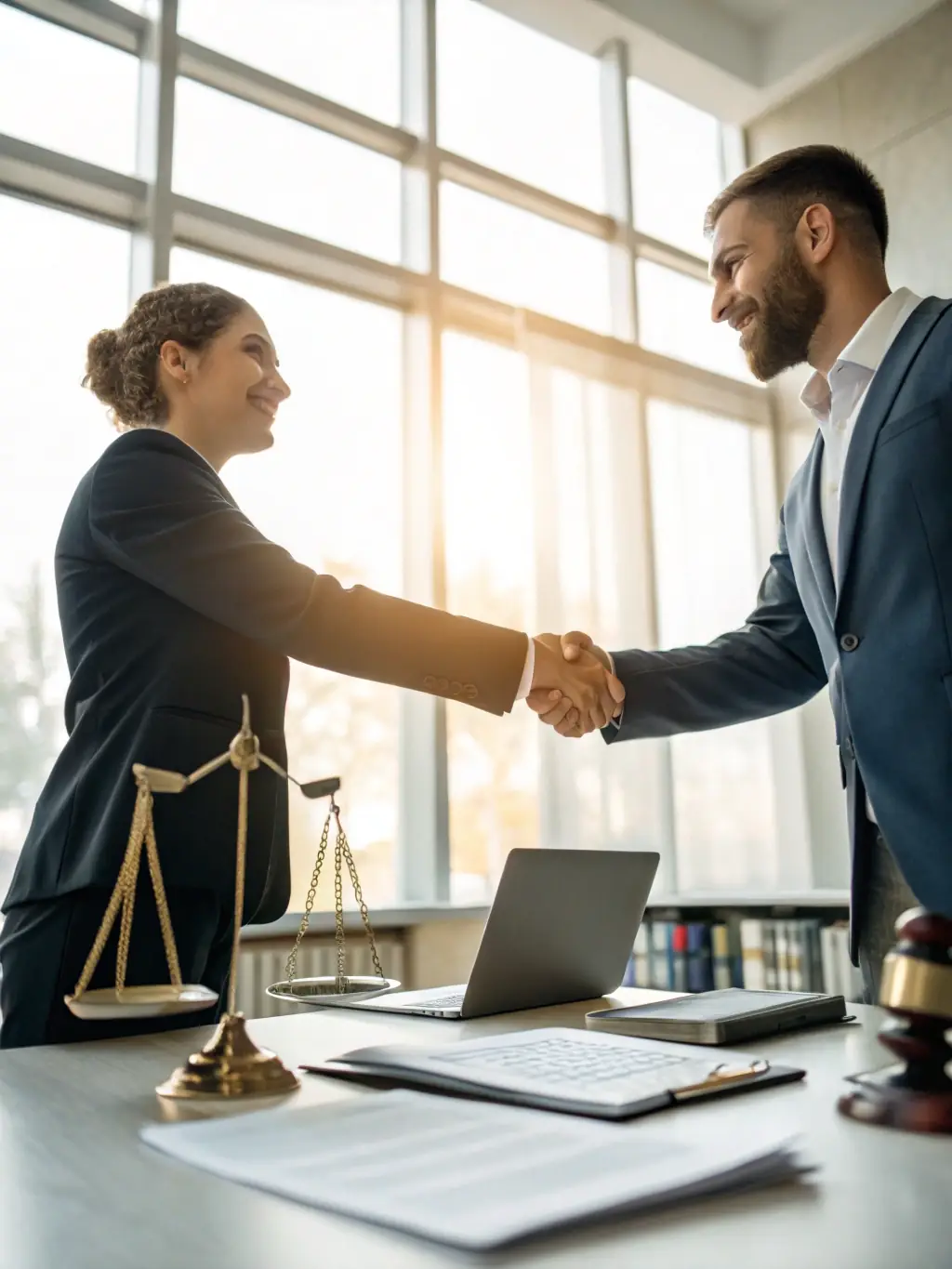 A handshake between a lawyer and a client, representing a successful partnership and a clear path towards financial recovery.