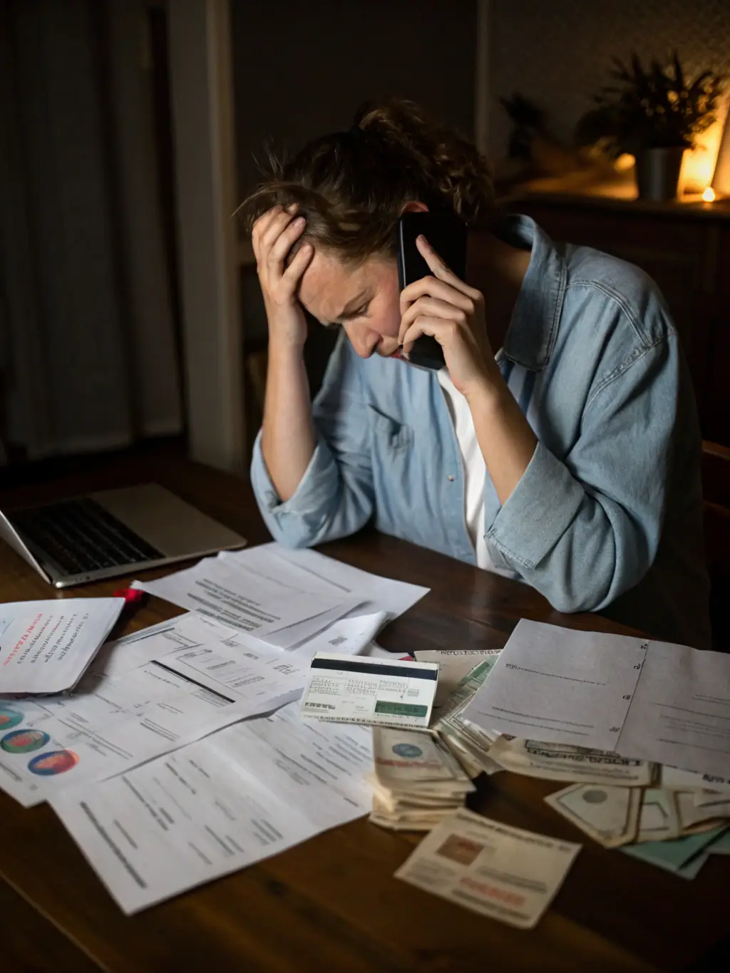 An image of a person looking stressed while looking at bills, representing the burden of debt that LexRestart helps alleviate.