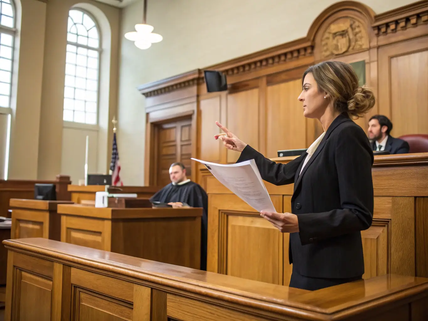 A lawyer in a courtroom, presenting a case with confidence, representing the legal strategy and planning phase.
