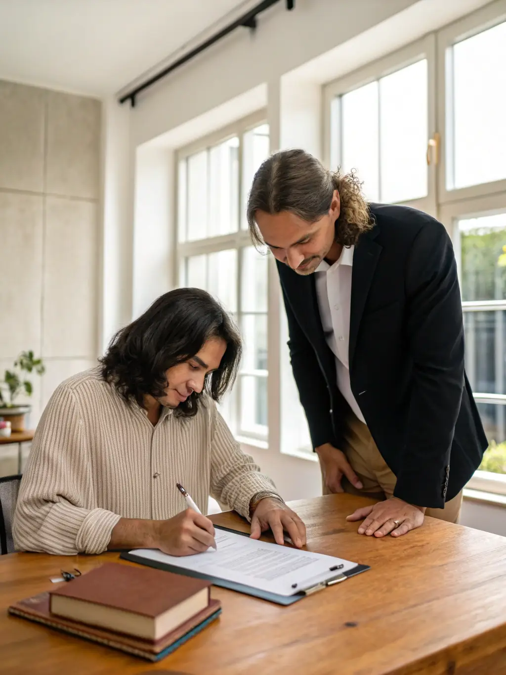 A person looking stressed while reviewing legal documents, contrasted with a calm advisor offering guidance.