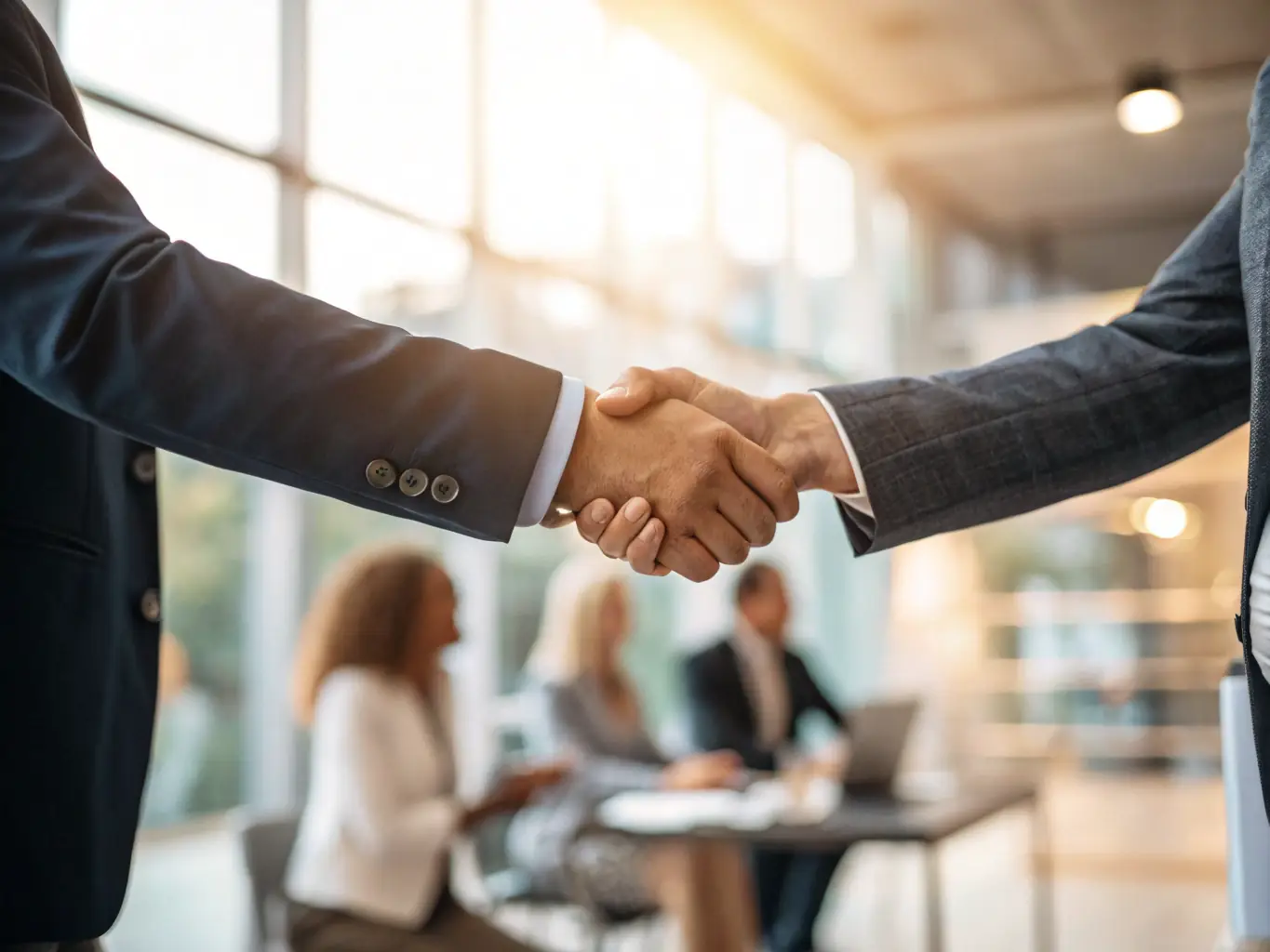 A photograph of a handshake between two professionals, representing a successful business deal and the quick sale of an indebted company.