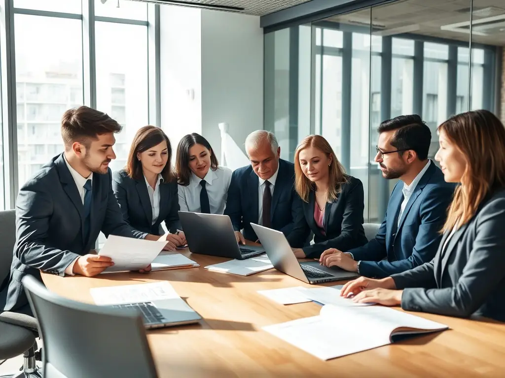 A team of lawyers collaborating on a restructuring plan in a bright, modern office, emphasizing teamwork and strategic planning.