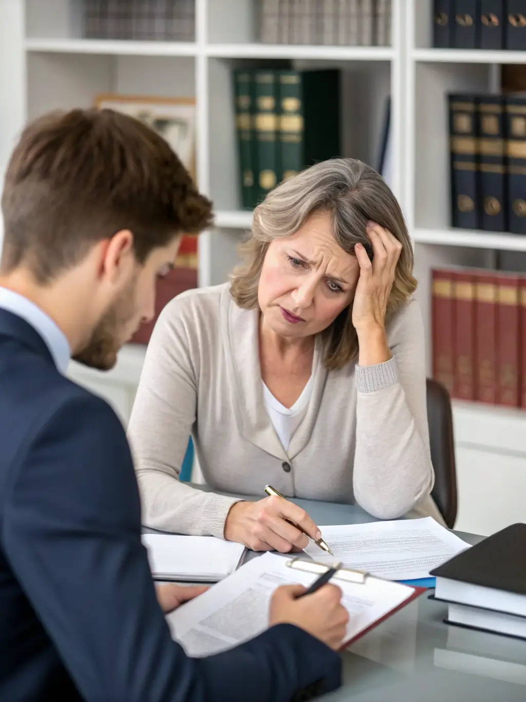 A person looking stressed while reviewing legal documents, contrasted with a calm advisor offering guidance.