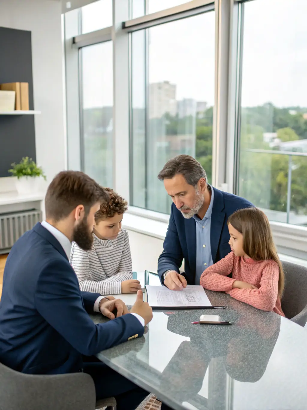 An image of a family looking relieved, sitting at a table with a lawyer, symbolizing the peace of mind LexRestart provides.