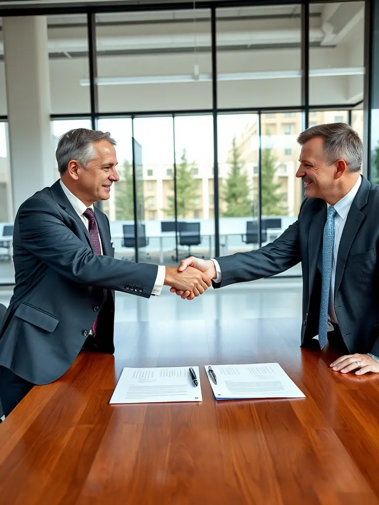 A handshake between two people in a bright office, symbolizing a successful business restructuring deal facilitated by LexRestart.