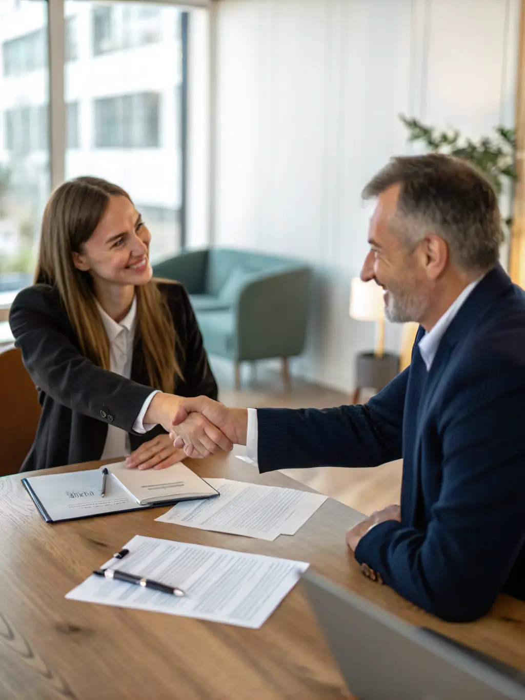 A handshake between a lawyer and a client, symbolizing trust and partnership in debt resolution.