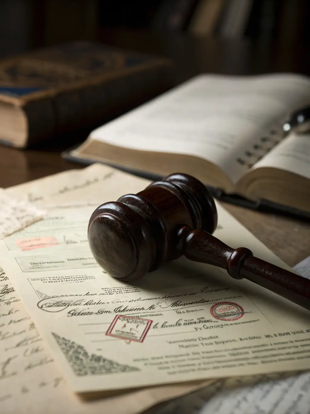 A close-up shot of a gavel resting on a stack of legal documents, symbolizing the legal expertise offered by LexRestart in debt relief.