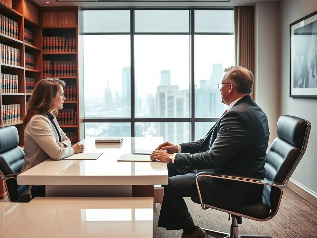 A professional lawyer in a modern office setting, reviewing legal documents related to debt relief, with a focus on consumer bankruptcy.
