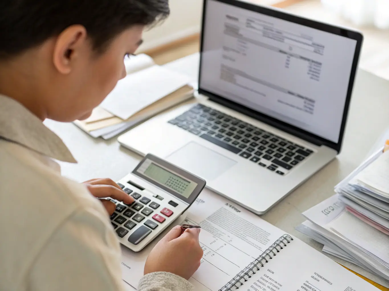 A concerned individual sitting at a desk, reviewing financial documents with a thoughtful expression, representing the stress of financial difficulties.