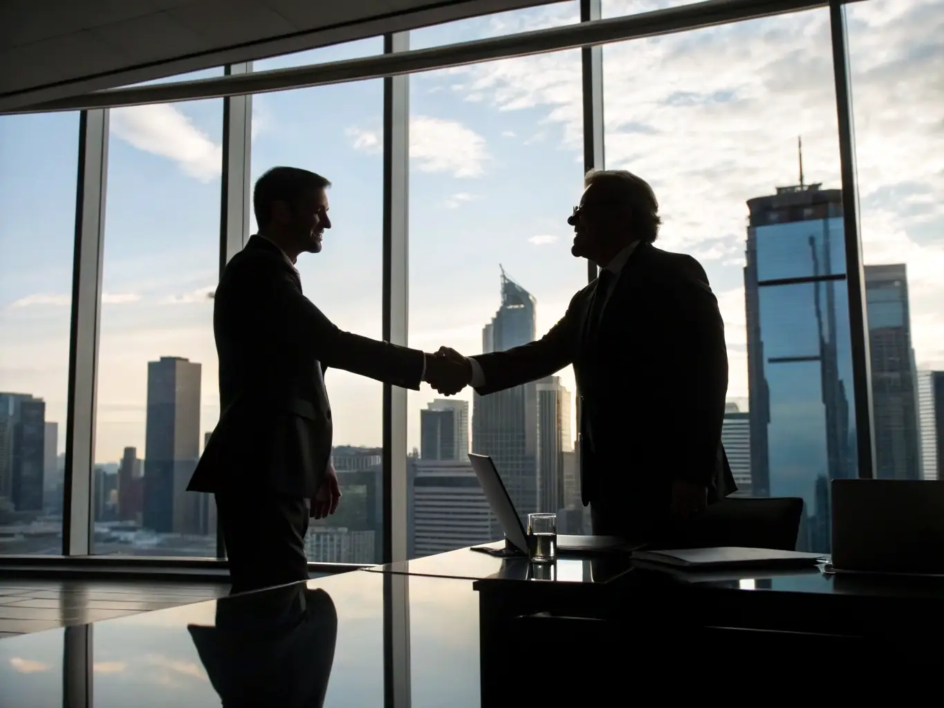 An individual confidently shaking hands with a lawyer in a modern office, symbolizing a fresh start and successful restructuring.