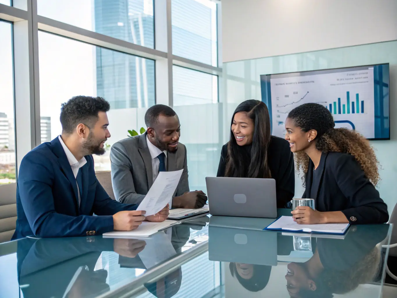 A professional image depicting a diverse group of business executives in a modern office setting, reviewing documents and discussing strategy, symbolizing company restructuring and strategic planning.