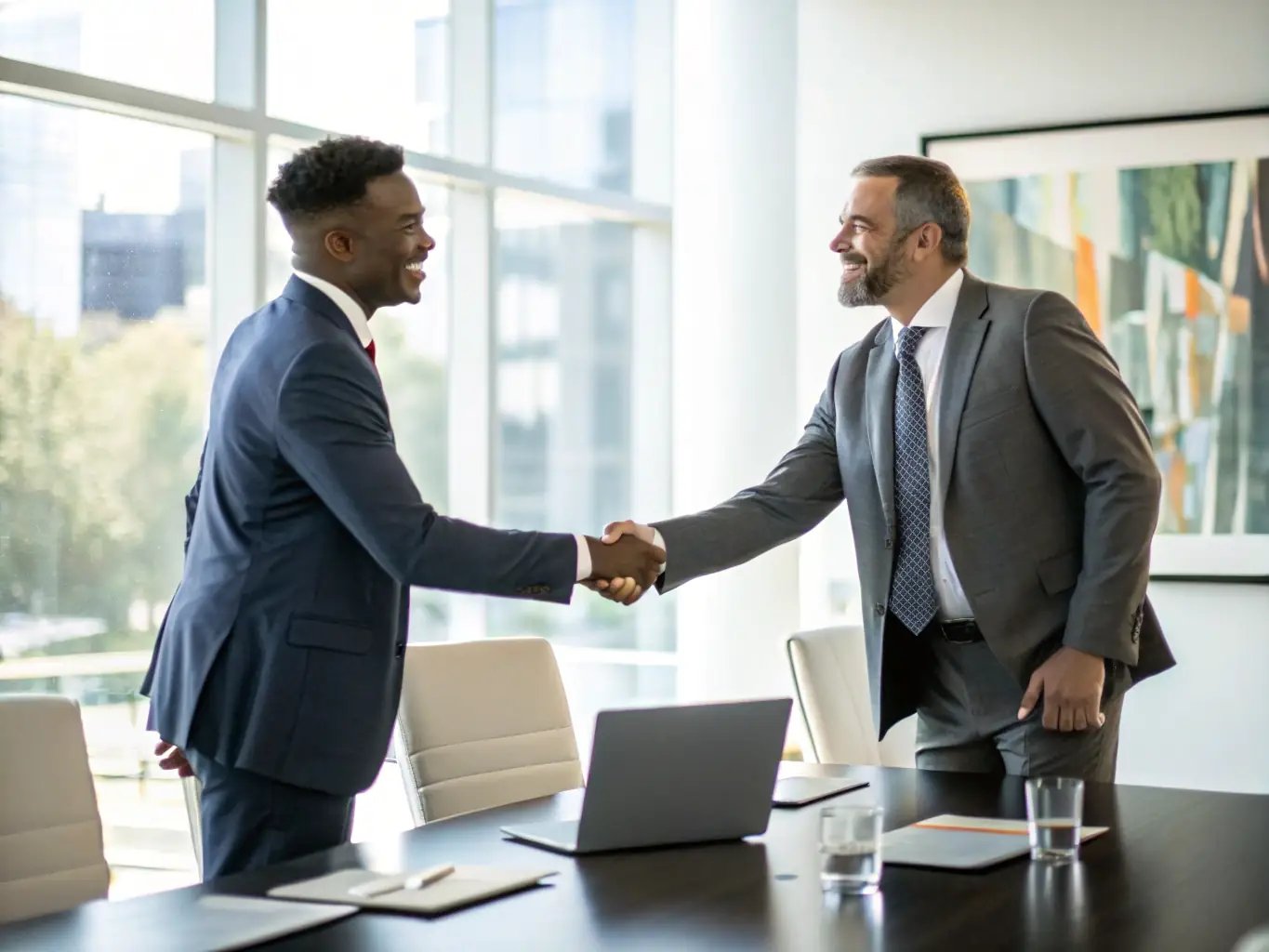 A photograph of a handshake between two individuals, symbolizing a successful business transaction, representing the sale of a company or a management transition.