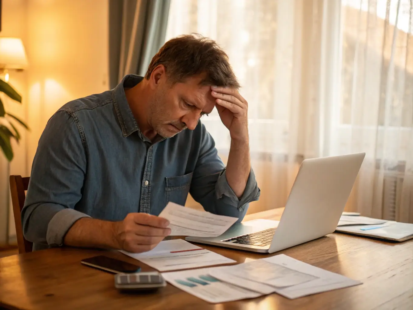 A person looking stressed while reviewing financial documents in a dimly lit office, symbolizing the challenges faced by sole proprietorships during tax audits.